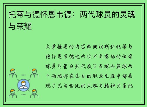 托蒂与德怀恩韦德：两代球员的灵魂与荣耀
